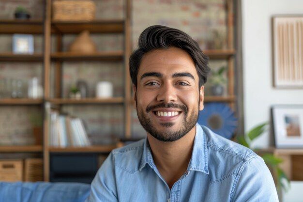 Confident indian hispanic man with toothy smile in modern living room _ Premium AI-generated image